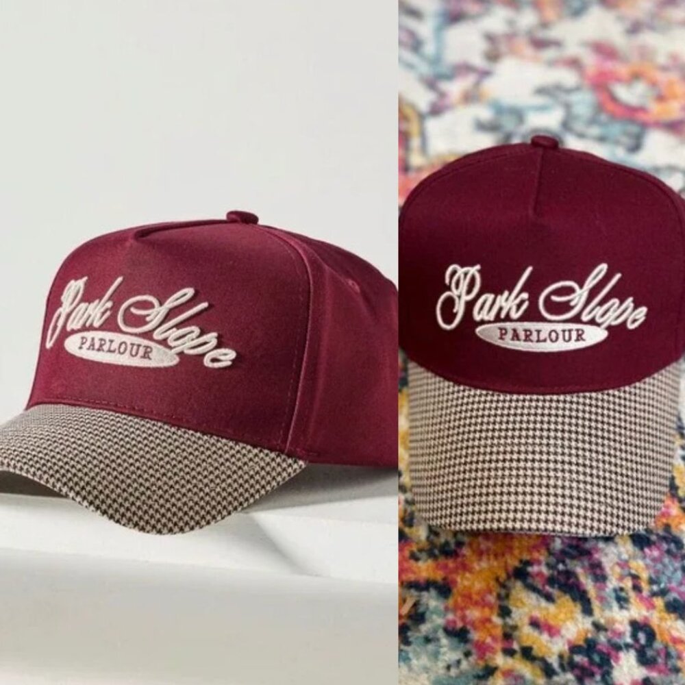 Anthropologie Park Slope Parlour Burgundy‎ Houndstooth Trucker Hat